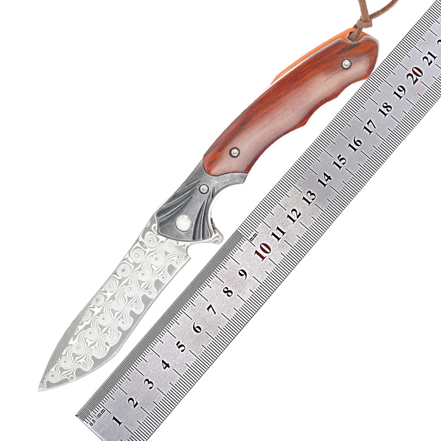 现货大马士革钢木柄刃折刀家用日常收藏户外露营随身便捷折叠edc