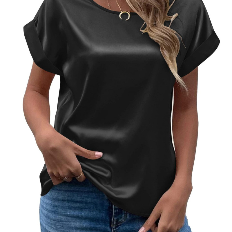 26 Years of Cross-Border Amazon Spring and Summer New Women's Short-Sleeved Satin Shirt Loose Casual Round Neck Satin T-Shirt for Women 26 Years of Cross-Border Amazon Spring and Summer New Women's Short-Sleeved Satin Shirt Loose Casual Round Neck Satin T-Shirt for Women