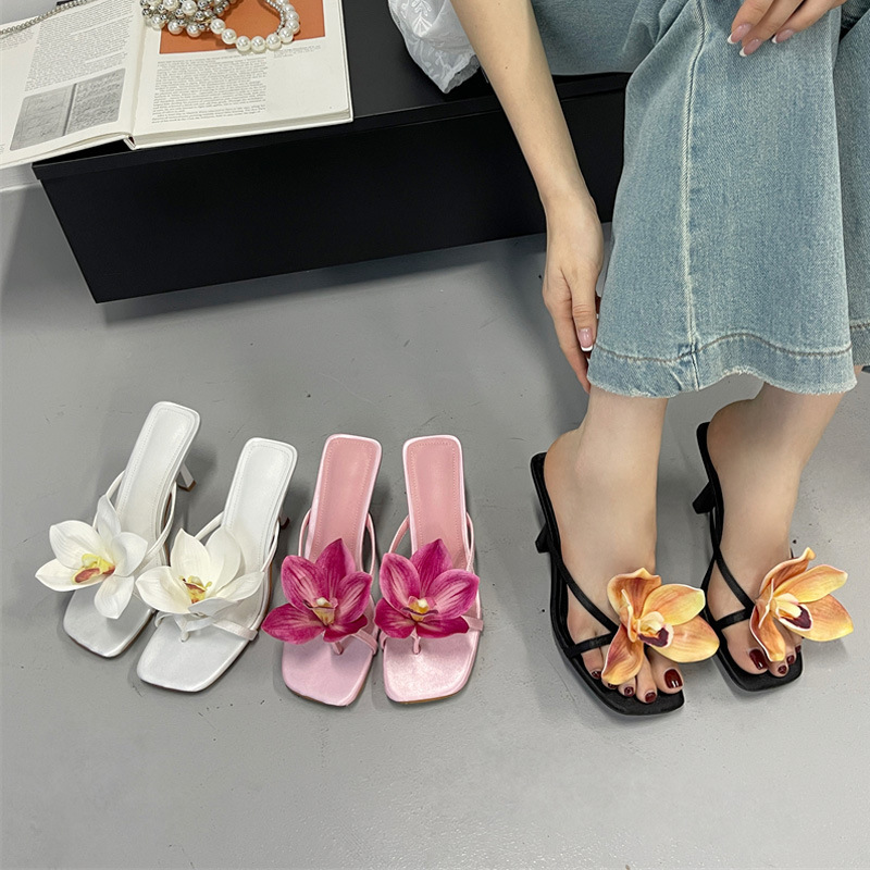 High Heels 2026 Summer New Wholesale In-Stock Mori Girl Fashion Floral Flip-Flops High-Heeled Slippers for Women for Outdoor Wear