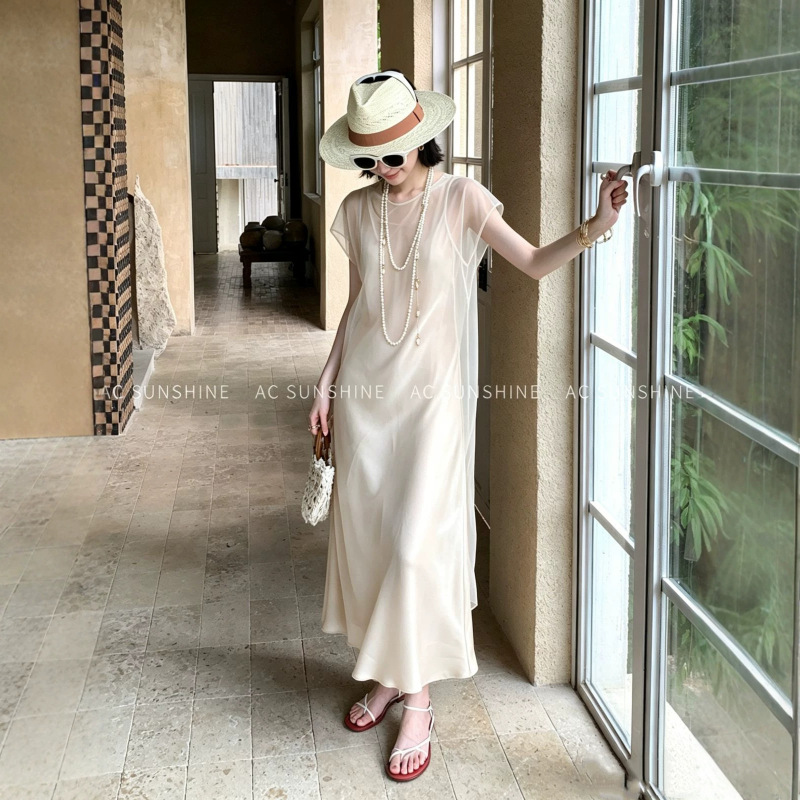 Ac Sunshine Heavy-Duty Double-Sided Satin Elegant Row Style Misty Gauze Two-Piece Set Bias-Cut Dress for Women H8309 Ac Sunshine Heavy-Duty Double-Sided Satin Elegant Row Style Misty Gauze Two-Piece Set Bias-Cut Dress for Women H8309