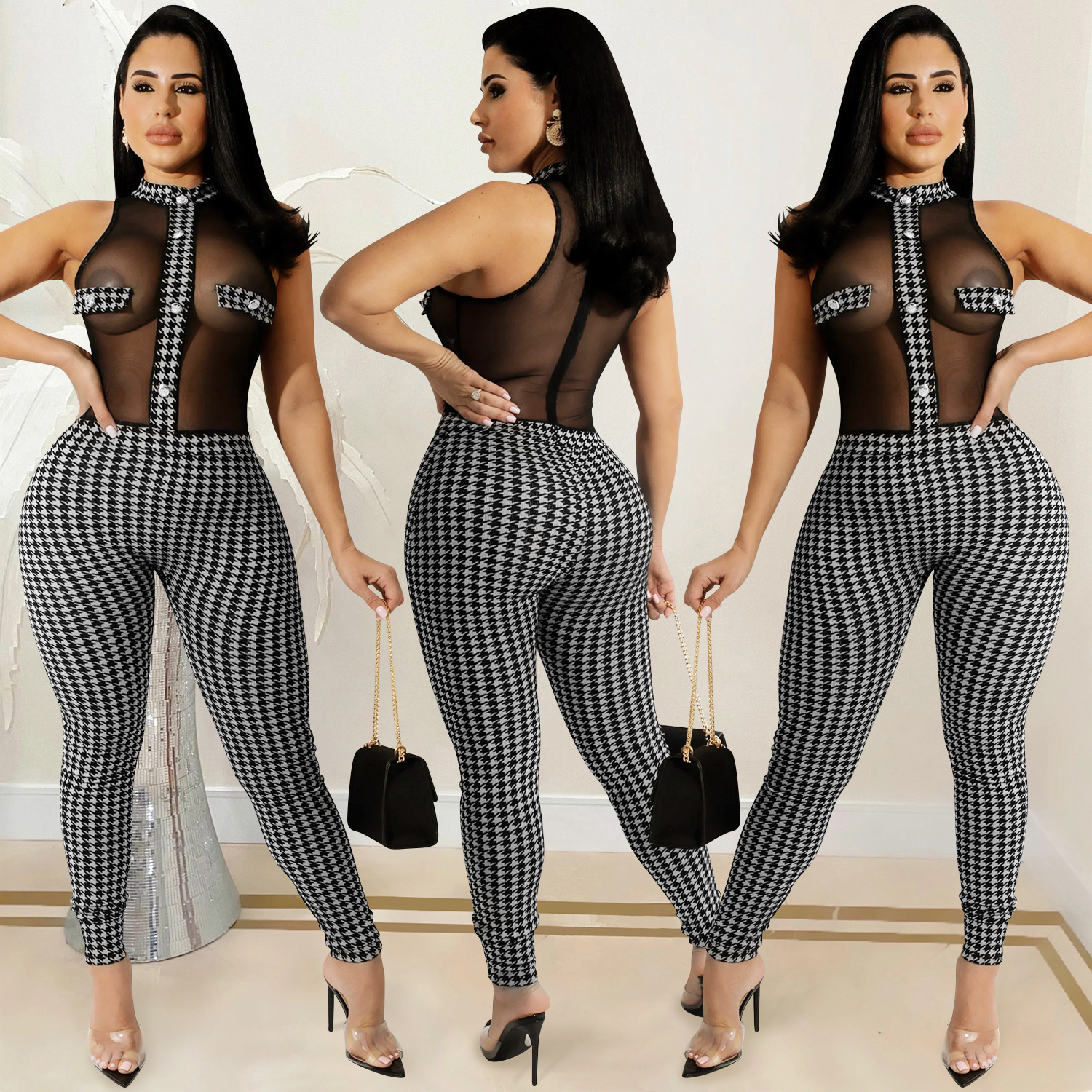 Round Neck Beaded Jumpsuit with Cutout Steel Grey main image 0