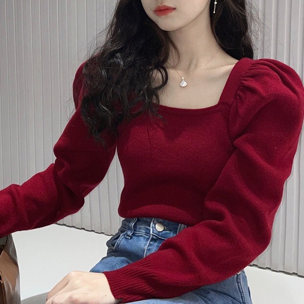 2023 elegant retro red square collar puff sleeve bottoming shirt Korean style gentle collarbone pure knitted sweater for women 2023 elegant retro red square collar puff sleeve bottoming shirt Korean style gentle collarbone pure knitted sweater for women