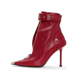 2023 New Metal Pointed Toe Stiletto Heel Front Zipper Short Fashion Boots Specially Designed for European and American Cross-Border Large Size Women's Shoes