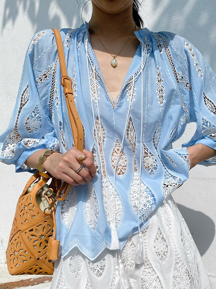 2026 Summer Women's Vacation Style French Embroidered Top Beach Vacation Blouse Shenzhen Nanyou Shirt Women's Summer Wear