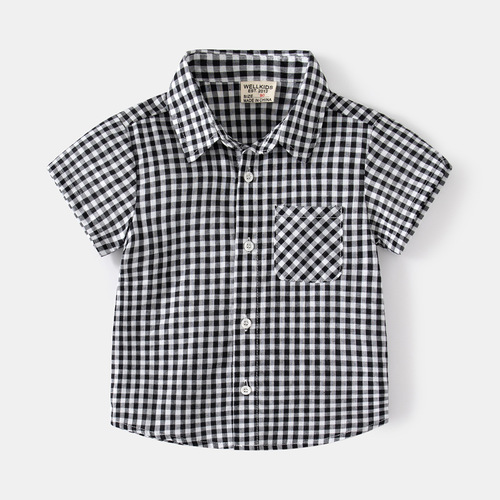 2023 new boys' short-sleeved plaid shirt, cool and casual summer boys' shirt, plaid style children's short-sleeved shirt