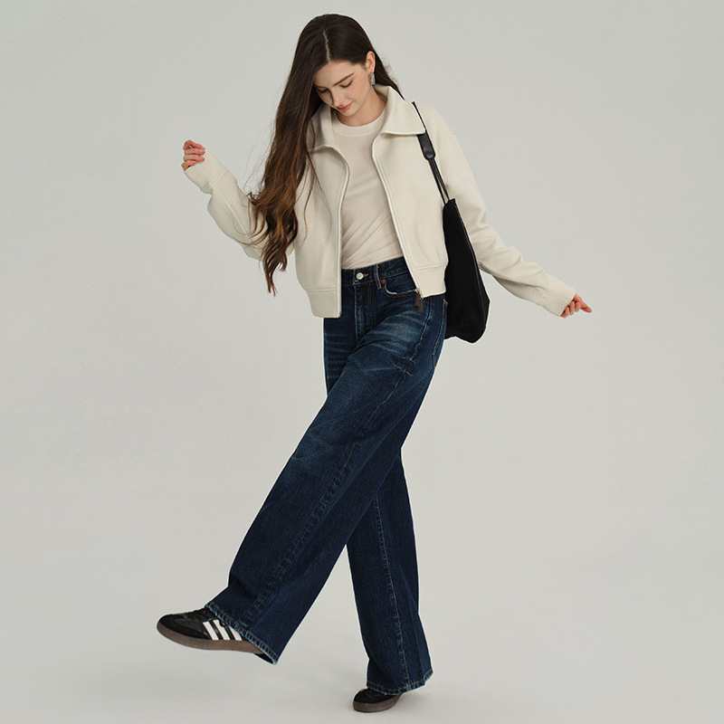 Mbb2026 Spring Non-Stretch Stiff Straight-Leg Jeans for Women, Autumn and Winter Dark Blue Loose Wide-Leg Pants for Pear-Shaped Body Types