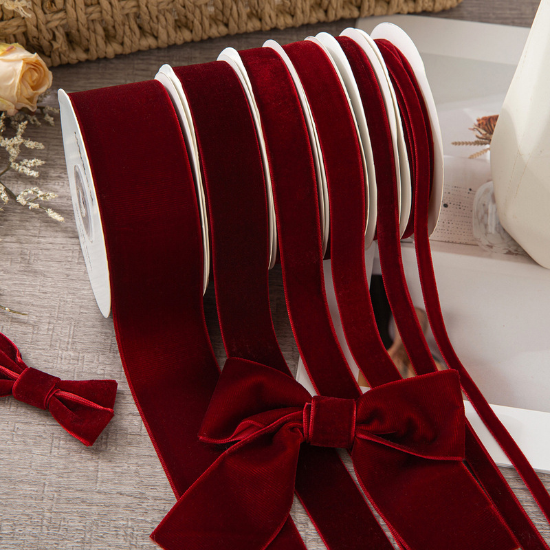 Wine Red Single-Sided Velvet Ribbon Velvet Webbing DIY Handmade Bow Bouquet Gift Packaging Cross-Border