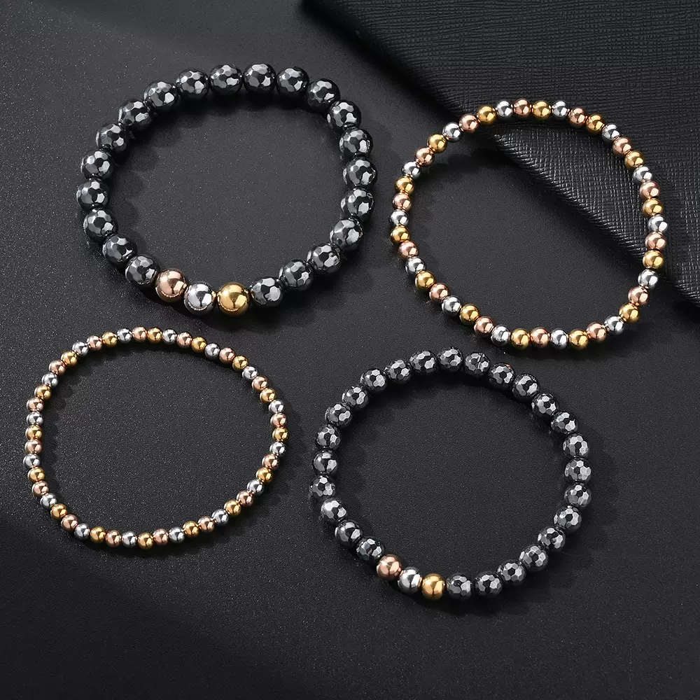 时尚流行不锈钢饰品情侣款小众简约黑曜石圆珠子混合彩色弹力手串