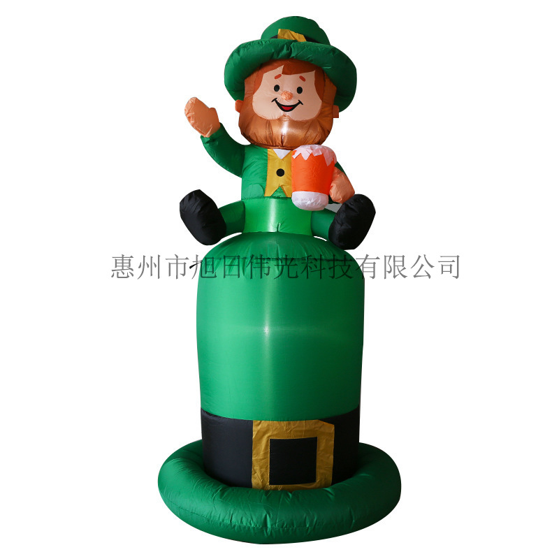 跨境圣帕特里克节坐绿帽老人充气布置道具 6ft发光绿帽子节气模