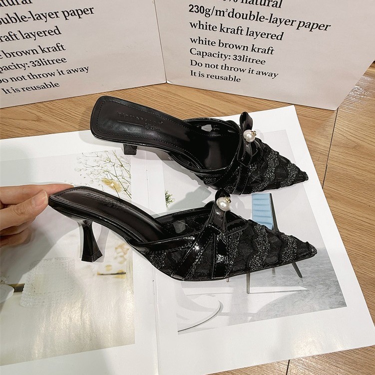 Zapatillas de malla de encaje de verano, zapatillas de tacones altos de perlas con bolso, ropa exterior de moda de tacones delgados