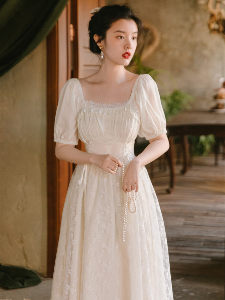 Real Shot of 2022 Summer New Style French Ballet Girl Lace Dress Fairy Style Bridesmaid Dress Long Skirt