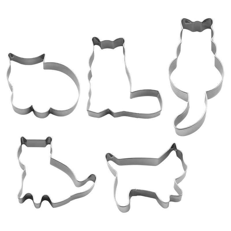 Fábrica al por mayor de acero inoxidable gato cookie mousse anillo molde 5-pieza DIY impresión hornear morir herramienta