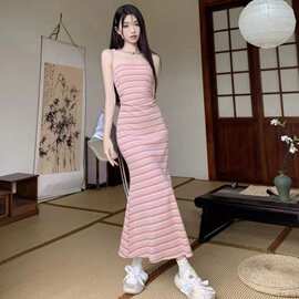 夏季新款彩虹条纹吊带连衣裙子长袖防晒开衫女盐系轻熟两件套装潮