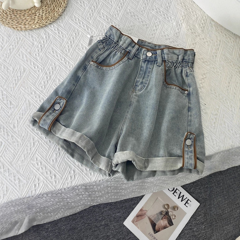 Floral Denim Shorts for Women, Summer Thin Style, Elastic High-Waisted A-Line Hot Pants, Loose Rolled-Edge Wide-Leg Pants for Outerwear Floral Denim Shorts for Women, Summer Thin Style, Elastic High-Waisted A-Line Hot Pants, Loose Rolled-Edge Wide-Leg Pants for Outerwear