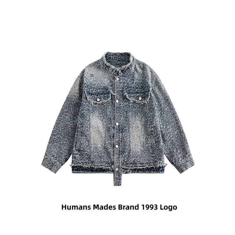 American Retro High Street Washed Tie-Dye Raw Edge Denim Jacket for Men and Women Loose Casual Splicing Design Jacket
