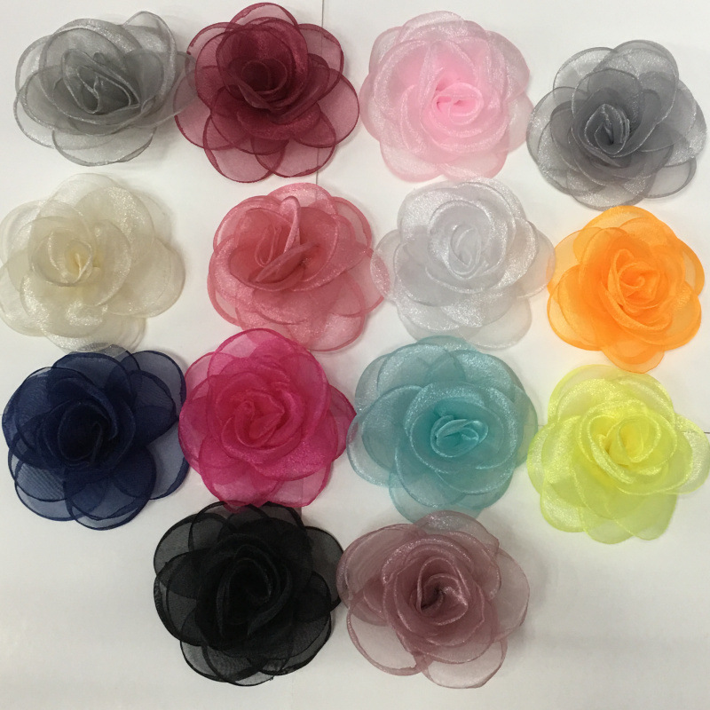 现货7㎝雪纱玫瑰花服装饰品发饰配件diy发卡材料 烧边雪纱玫瑰花