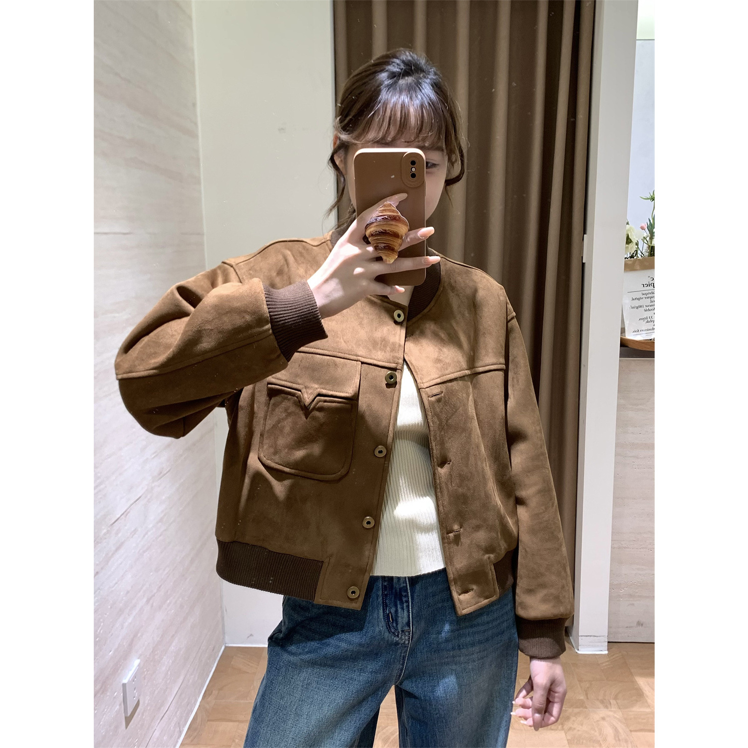 American Retro Suede Baseball Jacket for Women 2025 Autum New Short Motorcycle Jacket for Small People