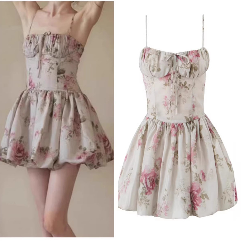 New Foreign Trade Style Sweet French Retro Square-Neck Tie-Up Rose Print Princess Bud Dress Mini Strap Dress
