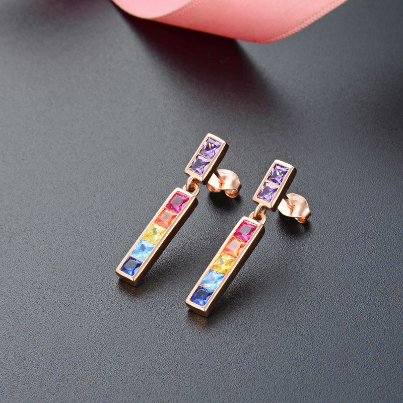 Japonés y estilo coreano moda ol sola fila diamante ZIRCON pendientes s925 plata esterlina con incrustaciones de diamantes de color rosa pendientes de oro joyería del oído femenino