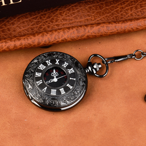 Quartz watch nostalgic pocket watch Roman numeral thin chain large retro Roman numeral nostalgic black pocket watch 8075