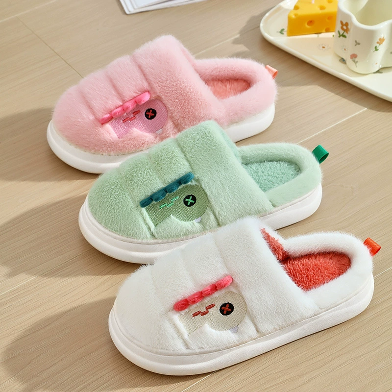 Осенние и зимние мультипликационные пары хлопчатобумажные тапочки женские динозавры плюс бархат теплые толстые подошвы внутри и снаружи дома нескользящие туфли