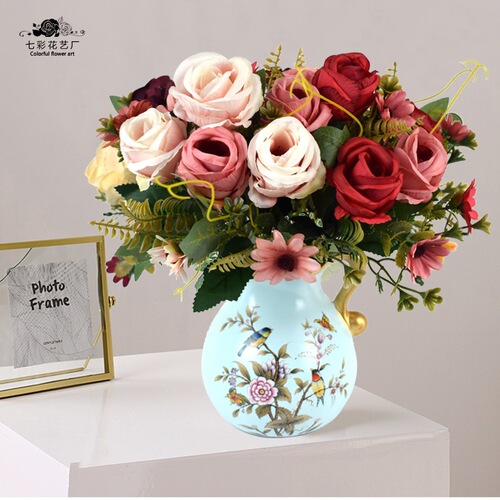Simulated 5-head French rose bouquet of multi-color roses, wedding road leading flowers, table flowers, indoor decoration roses