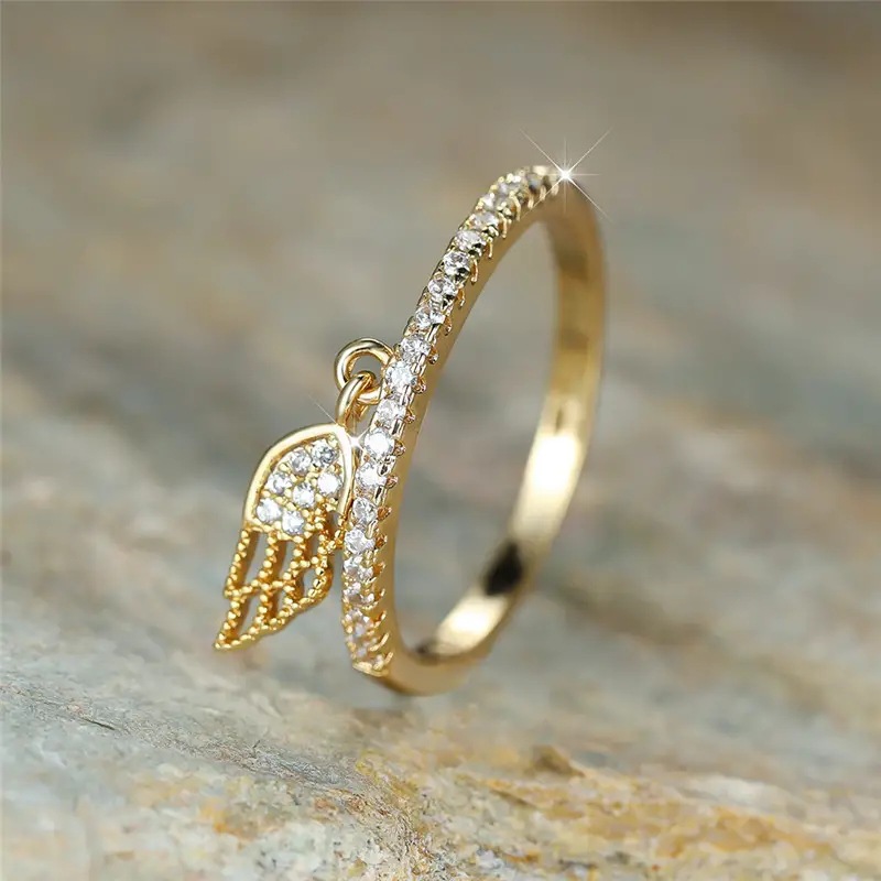 5g Weight Zircon Inlay Material Rings Classification 10, 6, 7 Ring Size 1 Piece Quantity Daily, Tea Party Occasion Feather, Copper Material Geometric, Wings Pattern All Seasons Season Women's Gender Sweet Style Geometric Wings Feather Copper Sweet Rings 8