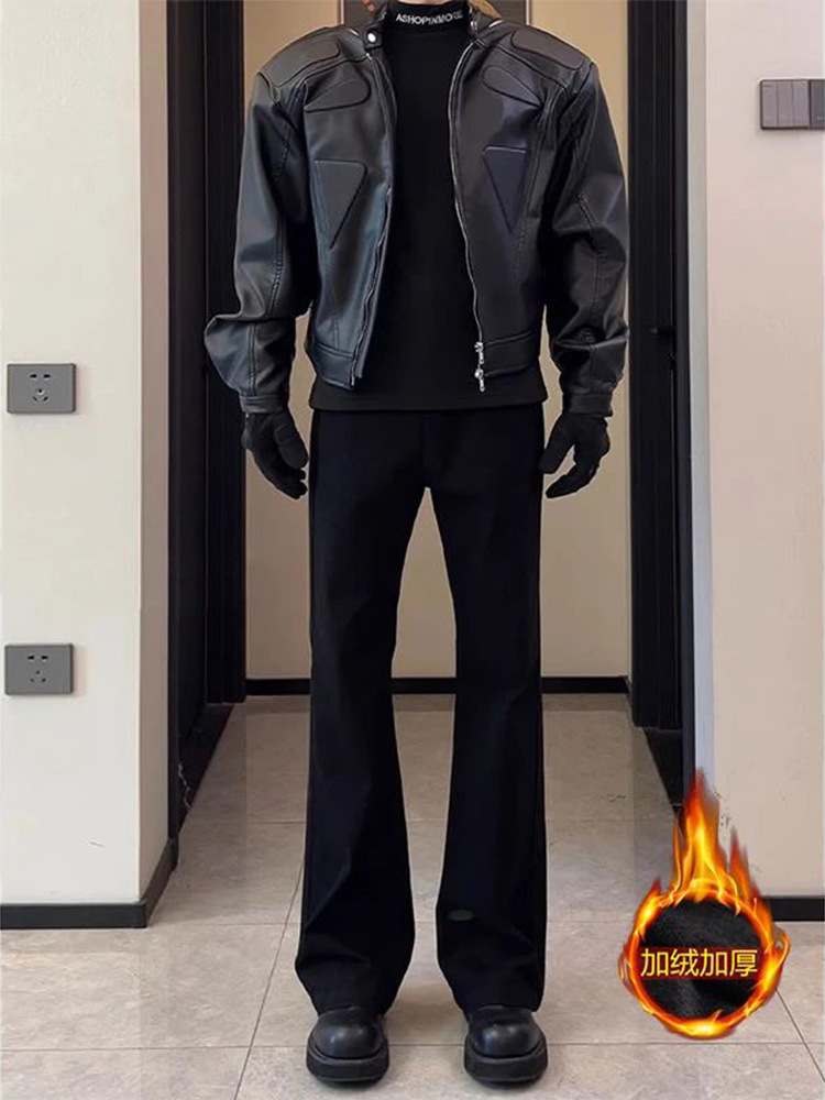 Cleanfit Curved Blade Flared Trousers Men's Autumn and Winter Fleece Black Slim Pants Tall Casual Straight Pants