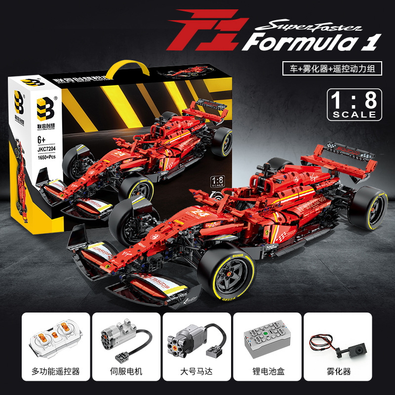 Bloques de Construcción de Alta Dificultad, Coche de Carreras de Fórmula 1 Ferrari, Escala 1:8, con Efecto de Sonido de Llama Trasera Mejorado