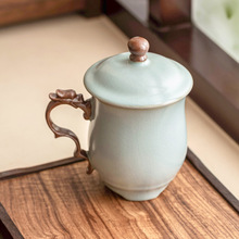 天青汝窑马克杯带盖青色龙把办公杯家用杯子喝茶杯轻奢水杯陶瓷杯