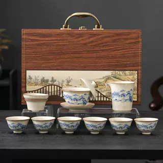中式功夫茶具套装陶瓷壶悬停盖碗茶杯轻奢家用青花汝窑礼品伴手礼