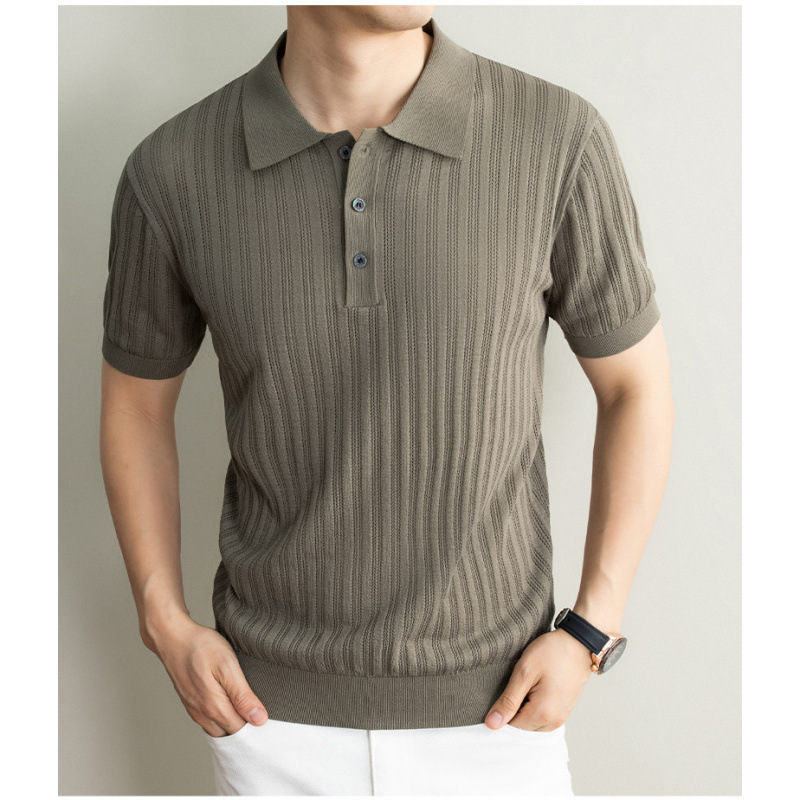 Men's Ice Silk Breathable Polo Shirt Short Sleeve Hollow Out Jacquard Knit Summer Casual Loose Versatile Top_viptrois.com