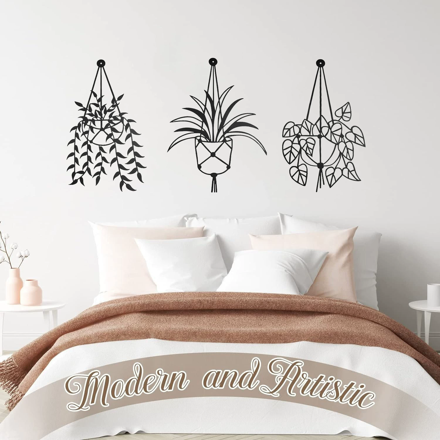 3 простые вазы с цветочными логотипами, настенное художественное оформление, подвесное железное настенное украшение, художественная скульптура в горшке с растениями.