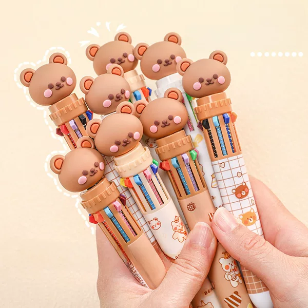 Bear 10-Colorful Ballpoint Pen Cartoon Push-Type Multi-Colorful Pen Student Writing Tool Ten-Colorful Push Ballpoint Pen
