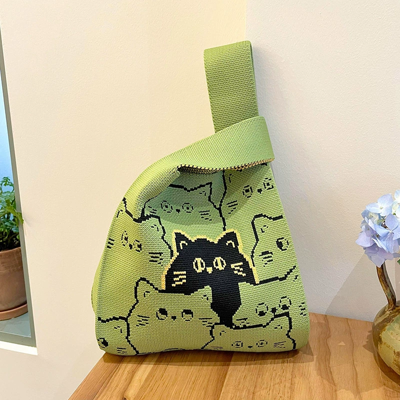 Knitted One-Shoulder Small Shoulder Bag, Cute Cat Pattern, Korean Style, Lightweight
