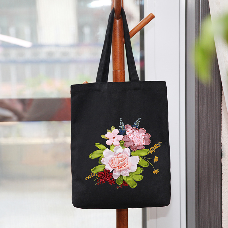 Hecho a mano DIY cinta bordada bolsa de lona Lu bordado solo hombro bolso tridimensional bordado flor lienzo mujer bolsa grande