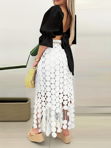 Women's Elegant White Circle Pattern Knit Tassel Bodycon