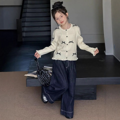 韩版女中大童蝴蝶结毛衣针织衫2025秋季新款儿童洋气牛仔阔腿裤潮