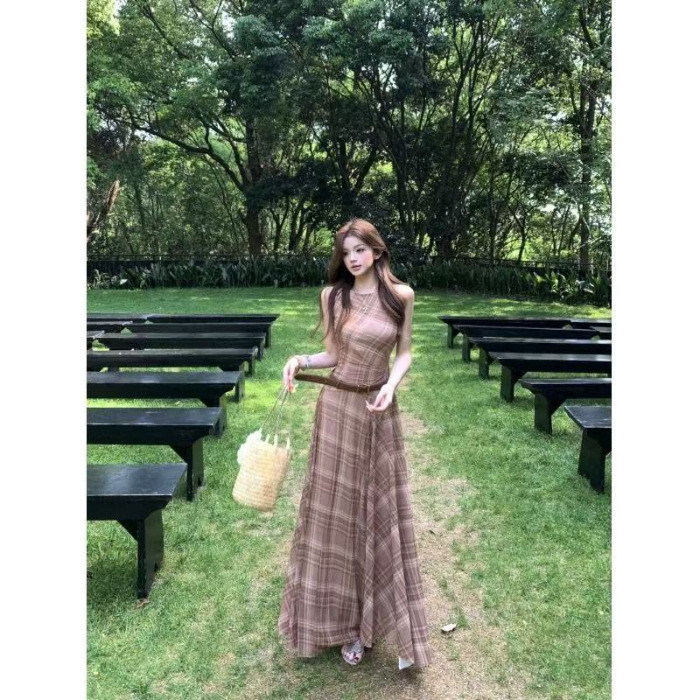 复古格纹无袖背心连衣裙女夏季气质修身大摆长裙显瘦收腰a字裙子|undefined