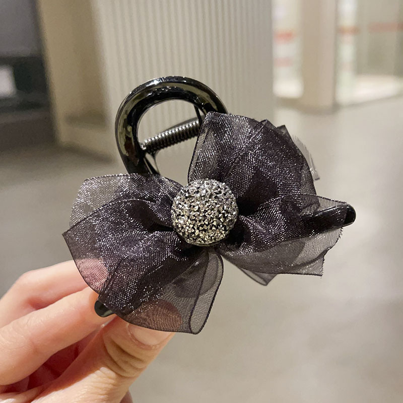 Advanced Satin Satin Big Black Bowknot Clip de tiburón Tocado Diamante cuadrado Horquilla en la parte posterior de la cabeza Clip de agarre Horquilla femenina