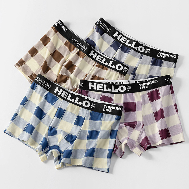 Men's Underwear, Boys' Boxer Briefs, Trendy Plaid Boxer Shorts, Mid-Waist Breathable Men's Underwear, One-Piece Drop Shipping