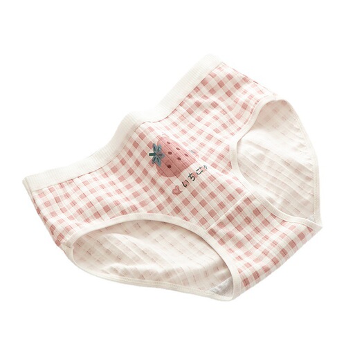 [Quality] Chunyi women's underwear pure cotton mid-waist large size triangle sweetheart strawberry girl plaid pink girl