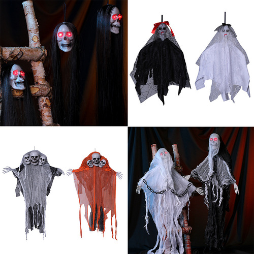 Cross-border new Halloween ghost ghost skull head gauze hanging ghost haunted house decoration props scary skeleton