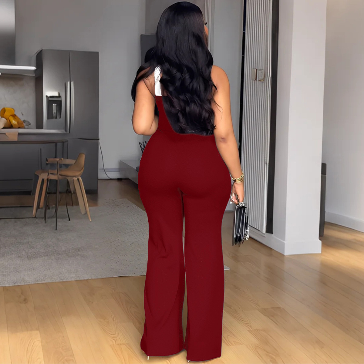 Elegant Women's Colour Block Jumpsuit Slim Fit Wide Leg Strappy_voghion.com