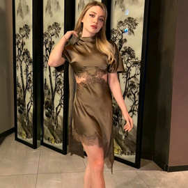 ZA跨境欧美外贸女装速卖通爆款夏季性感露腰蕾丝丝缎质感连衣裙