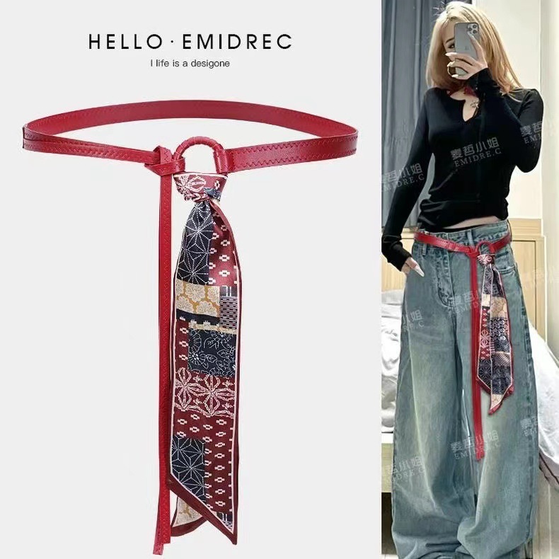 Silk Scarf Belt Accessories Women's Ribbon Waist Chain Belt Hip-Hop Punk Retro American Decoration with Jeans Belt Red
