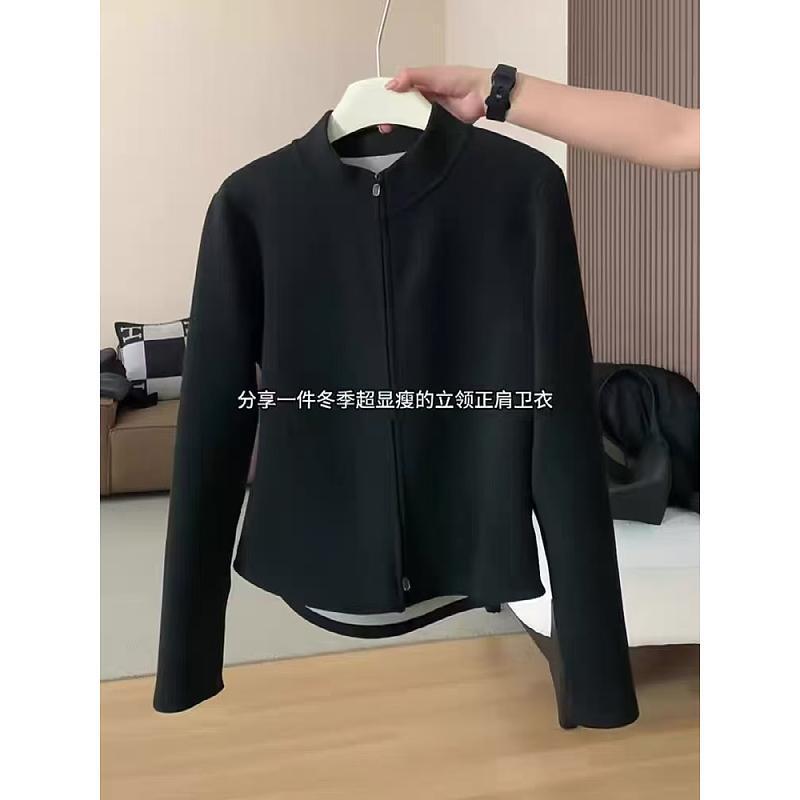 Black Double Zipper Fleece-Lined Sweatshirt Jacket for Women Spring 2025 New Large Size Fat mm Slimming Look Warm Inner Top