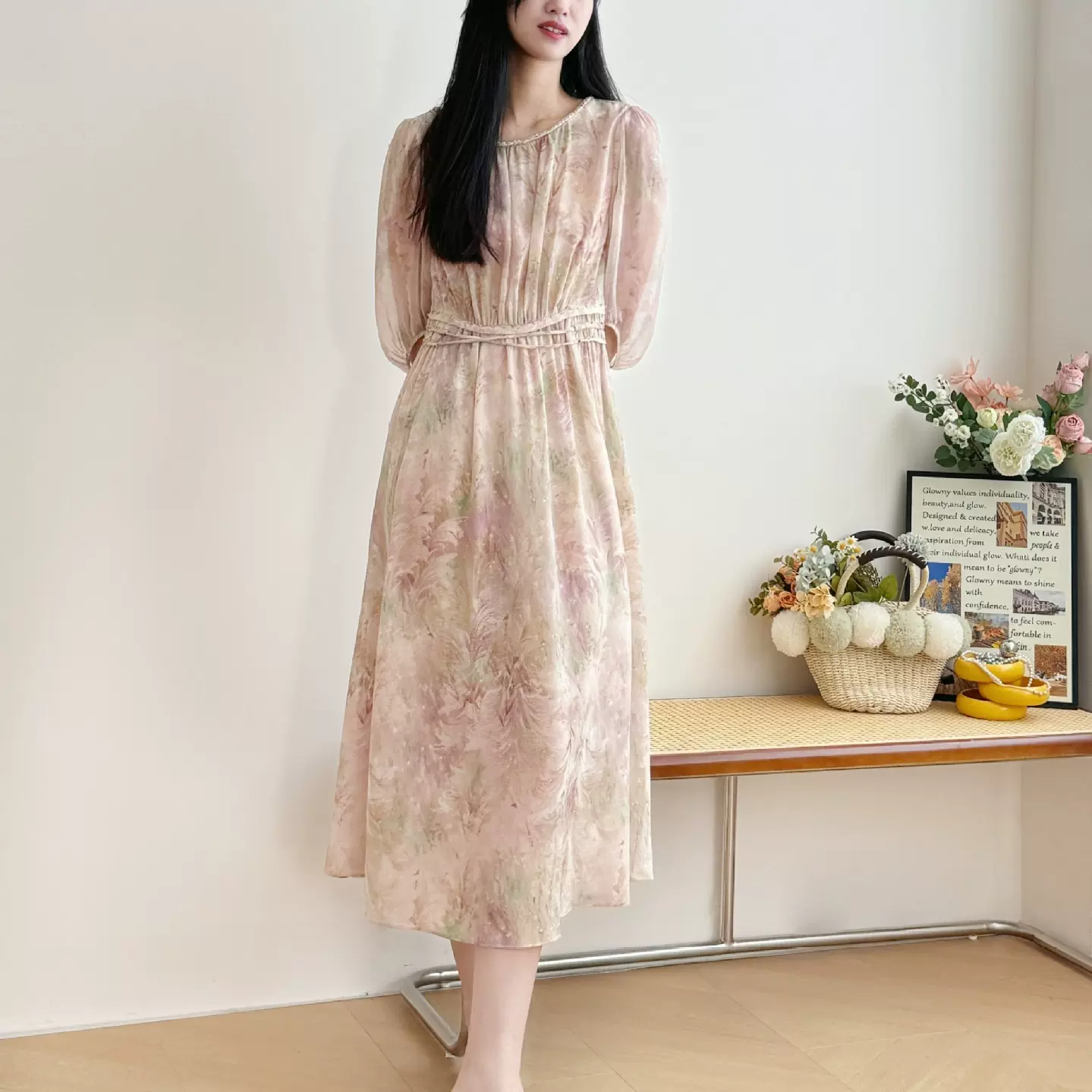 若芙南湘  6A级真丝双绉法式气质印花连衣裙  温婉晕染桑蚕丝长裙
