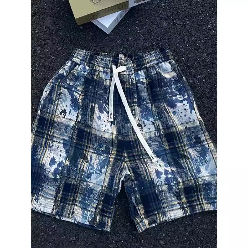 Karierte Herren-Shorts im Batik-Look – Vintage Americana Style (Blau/Grün, Polyester, atmungsaktiv, 12,7 cm Innenbeinlänge, M-3XL, Streetwear, Strandtauglich)_voghion.com