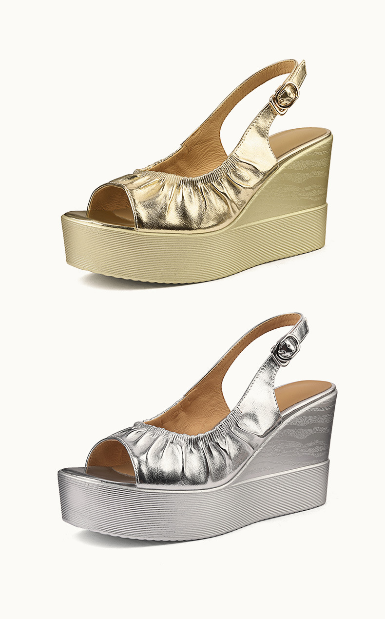 Sandal đế xuồng mũi cá vàng nữ phối váy, gót cao 9 cm, da PU kiểu La Mã — Màu vàng, Màu bạc chi tiết 9